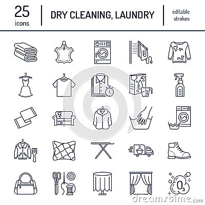 Dry cleaning, laundry line icons. Launderette service equipment, washing machine, clothing shoe and leaher repair Vector Illustration