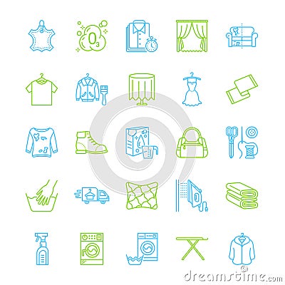 Dry cleaning, laundry line icons. Launderette service equipment, washing machine, clothing shoe and leaher repair Vector Illustration