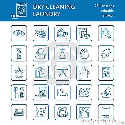 Dry cleaning, laundry line icons. Launderette service equipment, washing machine, clothing shoe and leaher repair Vector Illustration