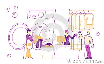 Dry Cleaning Service. Female Character Professional Laundry Worker Loading Dirty Clothes to Laundromat Vector Illustration