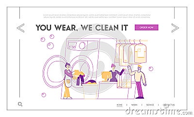 Dry Cleaning Service Landing Page Template. Female Character Laundry Worker Loading Dirty Clothes to Laundromat Vector Illustration