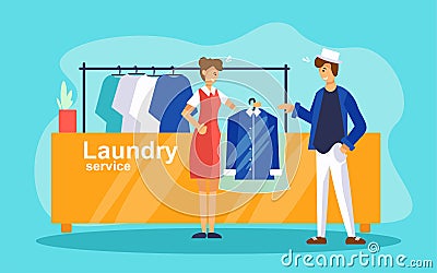 Dry cleaning service reception counter. Woman laundry worker giving to client bag with clean clothes Vector Illustration
