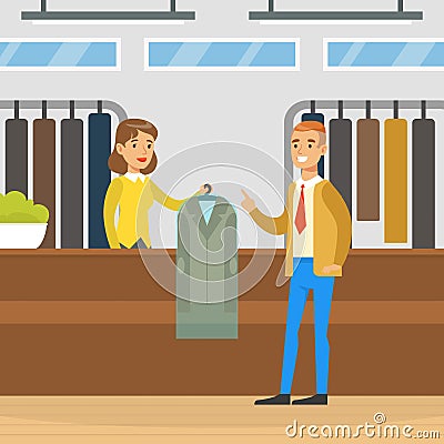 Dry Cleaning Shop, Woman Employee Giving Clean Clothes to Male Client Cartoon Vector Illustration Vector Illustration