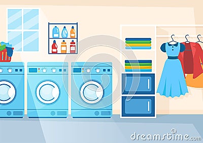 Dry Cleaning Store Service with Washing Machines, Dryers and Laundry for Clean Clothing in Flat Cartoon Illustration Vector Illustration