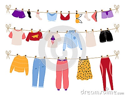 Dry clothes. Hanging clean laundry. Men and women clothing drying on sun. Casual and business outfits. Underwear and Vector Illustration