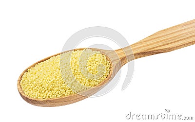 Dry couscous in wooden spoon isolated on white background Stock Photo