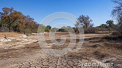 A dry and cracked riverbed with sp shrubs and trees a result of prolonged heatwaves and lack of water from deforestation Stock Photo