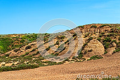 Dry cracked takir soil in semi-desert in Russia. Nature landscape Stock Photo