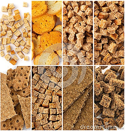 Dry Croutons Rusks Food Collage, Various Bread Cubes Collection Stock Photo