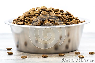 Dry dog and cat food in stainless steel bowl. Pile of kibbles Stock Photo