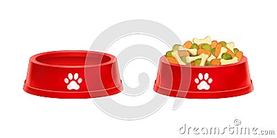 Dry dog food in bowl, Empty cat plate isolated on white background Vector Illustration