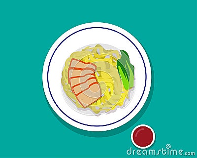 Dry Egg noodle soup with red roast pork, Top view Vector Illustration