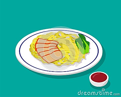 Dry Egg noodle soup with roast pork in 3d style Vector Illustration