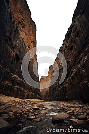 dry fjords. steep canyon walls. deep gorges. Transparent PNG background. Clay Soil. steep soil cliff. river. Stock Photo