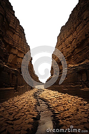 dry fjords. steep canyon walls. deep gorges. Transparent PNG background. small creek. lake. dry soil. steep soil cliff. Stock Photo