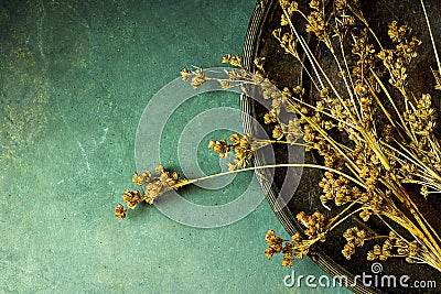 Dry flowers on vintage old metal dish. Dark stone concrete background. Copy space for text. Cozy fall atmosphere Stock Photo