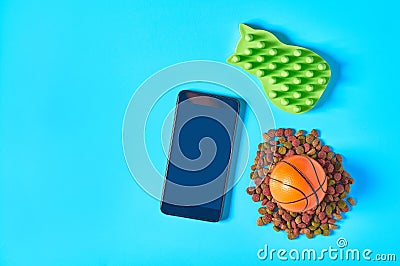 Dry food for pet near smartphone or tablet and rubber basketball ball and comb on blue background Stock Photo