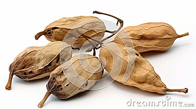 Dry fruit pods and leaf of unusual tree generated by AI tool. Stock Photo