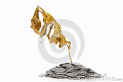 Dry golden plant on coins Stock Photo