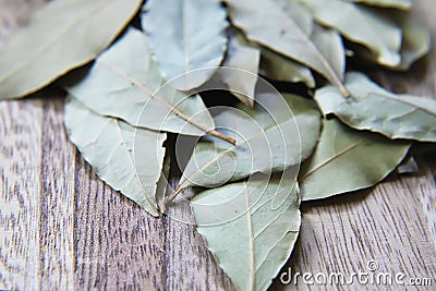 Dry herb bayleaf, Laurier on the wooden cutting board Stock Photo