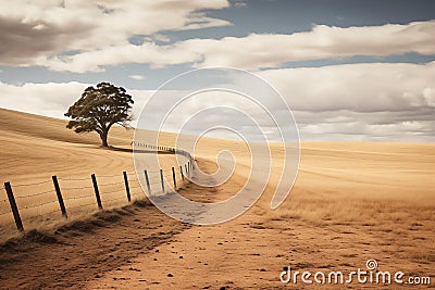 The dry hills look like sand dunes with a lone tree and a fence on the farm. A concept reflecting global warming or climate change Stock Photo