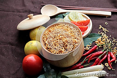 Dry instant noodle - asian ramen and vegetables for the soup Stock Photo