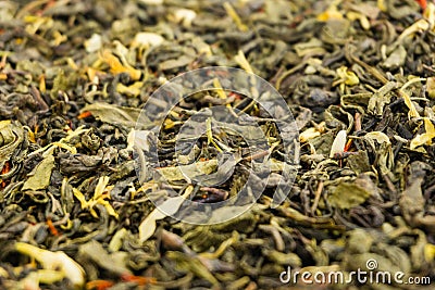 Dry leaves of green tea background texture, heap of dried leaves Chinese green teas with primiems Stock Photo