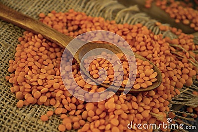 Dry lentils spoon on wooden food agriculture Stock Photo