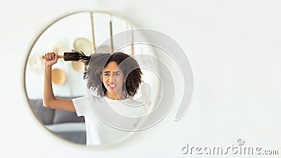 Sad millennial african american female takes out comb from curly hair, looks in reflection of round mirror Stock Photo