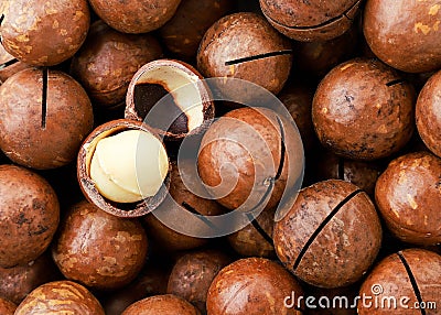 Dry macadamia nuts unpeeled and peeled, background. The view of the top Stock Photo