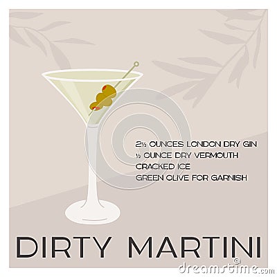 Dry Martini Cocktail in glass with ice and stuffed olives on skewer. Summer aperitif recipe retro elegant square card Vector Illustration