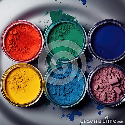 Dry paintings in jars. Red, yellow, green, blue, magenta eyeshadow, makeup grimm on table. Top view Stock Photo