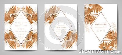 Dry Palm tropical leaves Wedding invitation, watercolor pampas grass simple card set, minimal template Vector Illustration