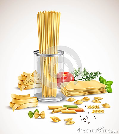 Dry Pasta Assortment Herbs Realistic Poster Vector Illustration