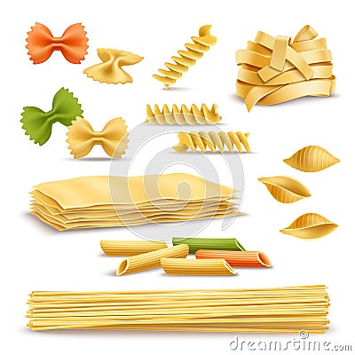 Dry Pasta Assortment Realistic Icons Set Vector Illustration