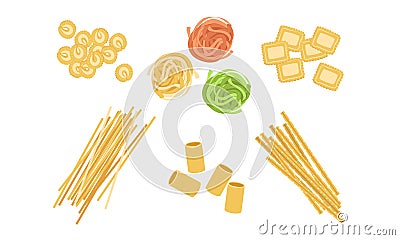 Dry Pasta Assortment Set, Italian Traditional Food of Various Types and Shapes Vector Illustration Vector Illustration