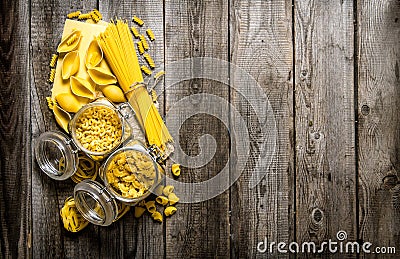 Dry pasta in cans and mixed the pasta with spaghetti. Stock Photo