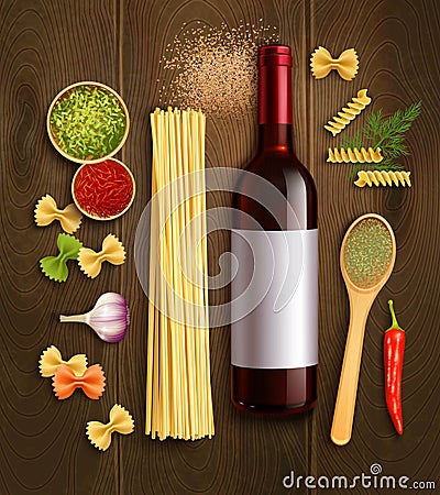 Dry Pasta Wine Realistic Composition Poster Vector Illustration