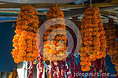 Dry pepper and other paces hanging in the outdoor market Stock Photo