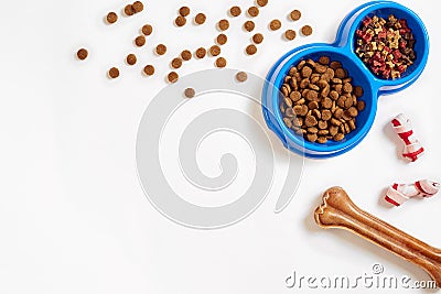 Dry pet food in bowl and bone on white background top view Stock Photo