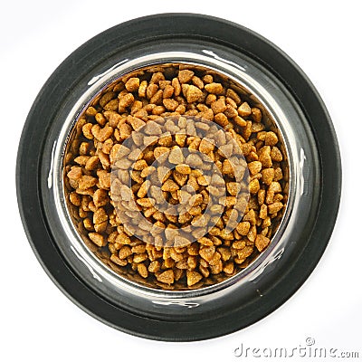 Dry pet food in bowl isolated on white. top view Stock Photo