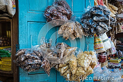 Dry plastic bags are hanging for sale. Editorial Stock Photo