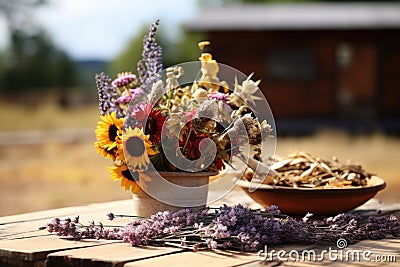 dry potted flower centerpiece on a picnic table outdoors Stock Photo