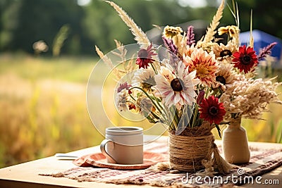 dry potted flower centerpiece on a picnic table outdoors Stock Photo