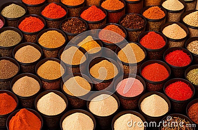 Dry powder seasoning. Various assortment of crushed condiments. Generative AI. Stock Photo