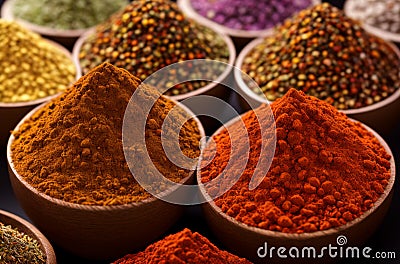 Dry powder seasoning. Various assortment of crushed condiments. Generative AI. Stock Photo