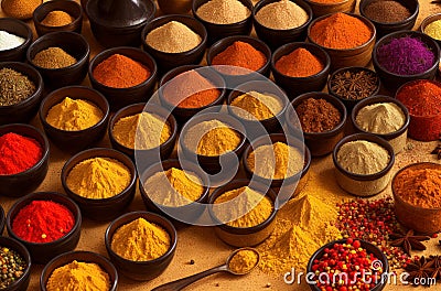 Dry powder seasoning. Various assortment of crushed condiments. Generative AI. Stock Photo