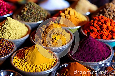 Dry powder seasoning. Various assortment of crushed condiments. Generative AI. Stock Photo