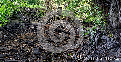 Dry river banks full of dark stones Stock Photo