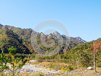 Dry riverbed and overgrown mountains in Seoraksan Stock Photo